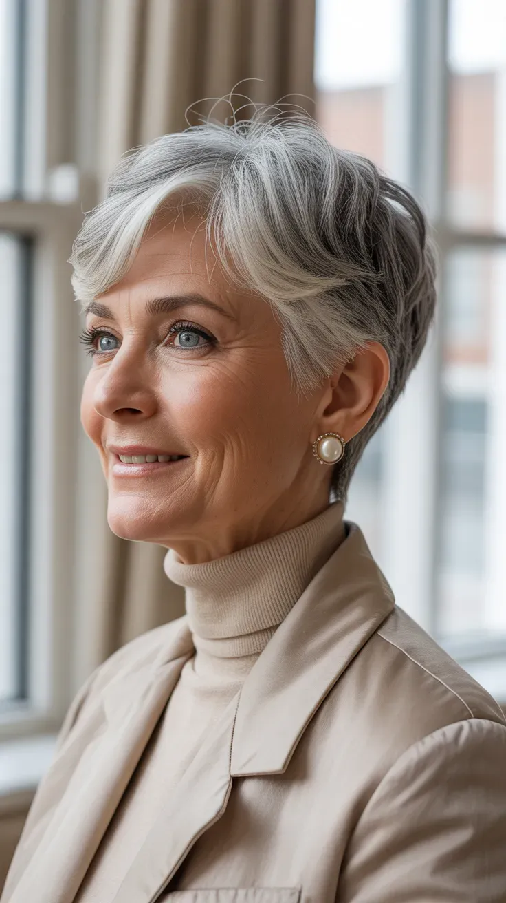 Older woman with a cropped pixie cut showing strong lift at the roots