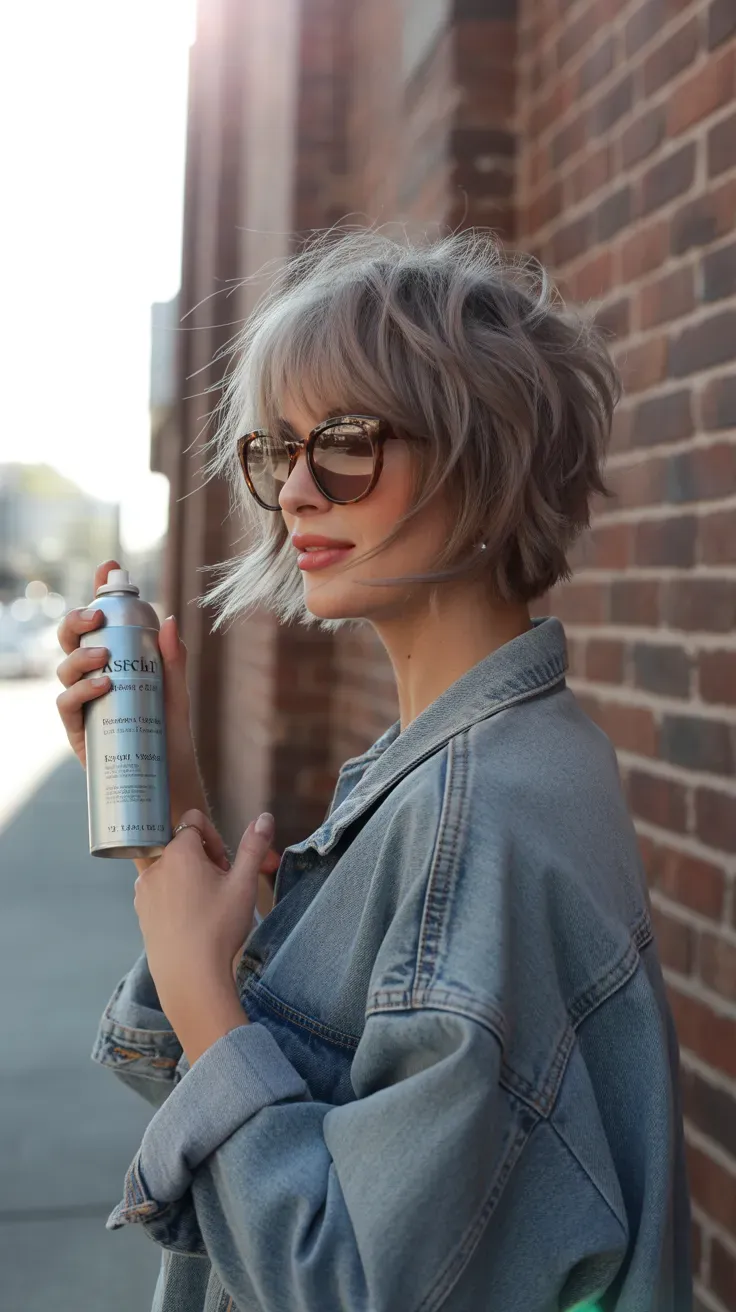 Woman with a cropped shag cut styled with tousled piecey layers
