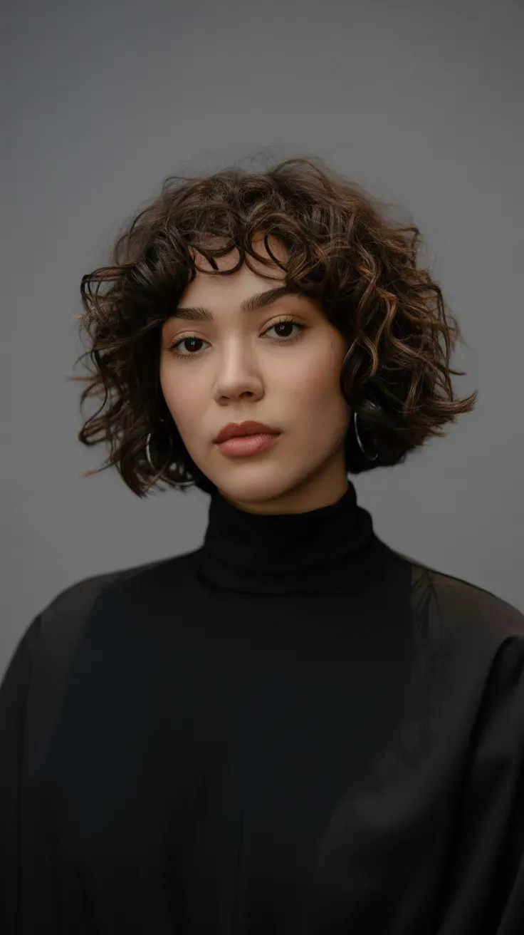 Woman with a curly bob featuring blunt, dense-looking ends