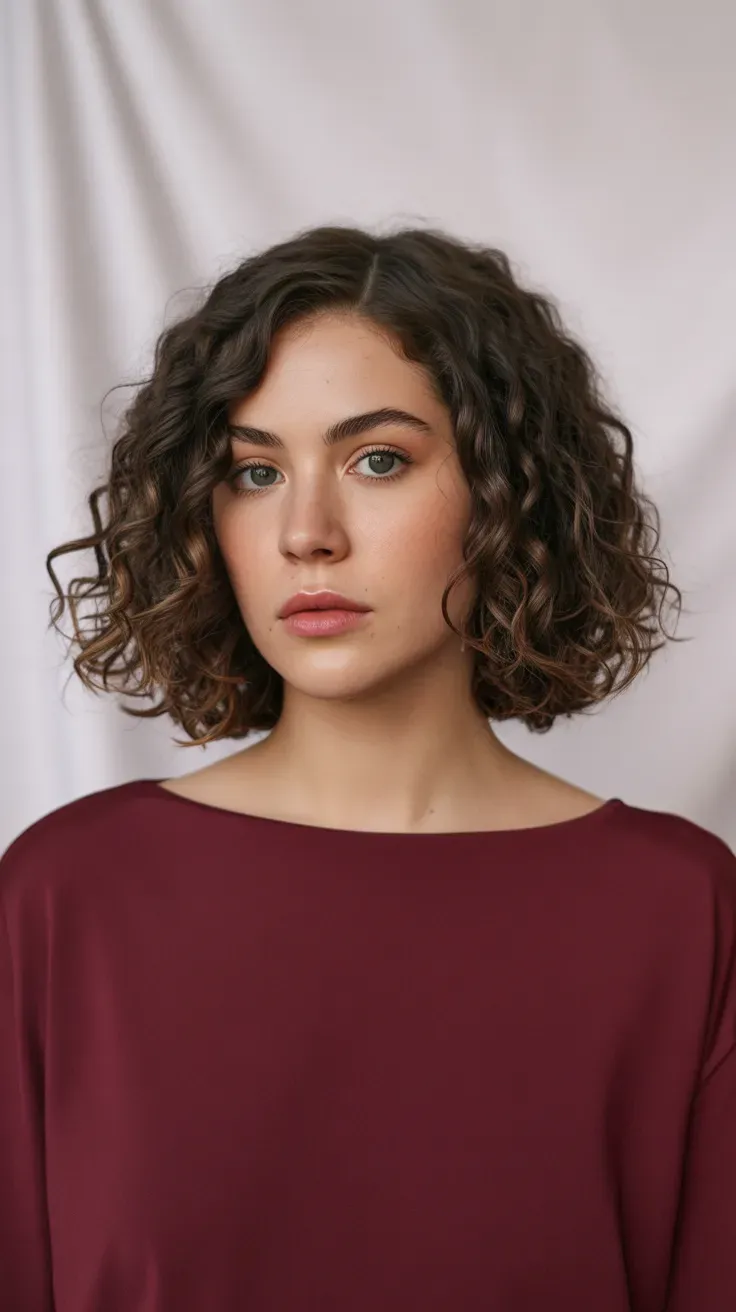Woman with a curly bob styled with a deep side part for added volume