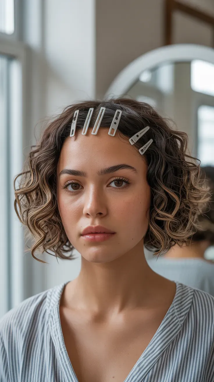 Woman with a curly bob styled using root clips for extra lift while drying
