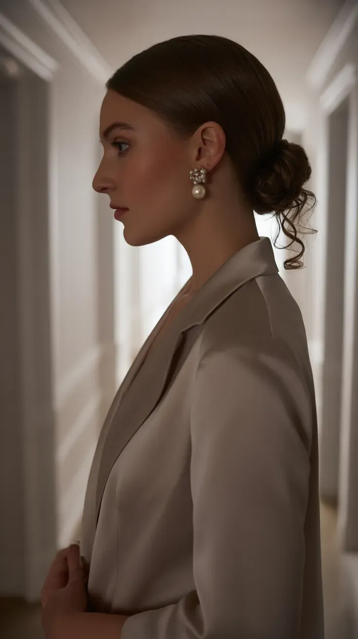Woman with a soft low chignon featuring loose curly tendrils at the nape
