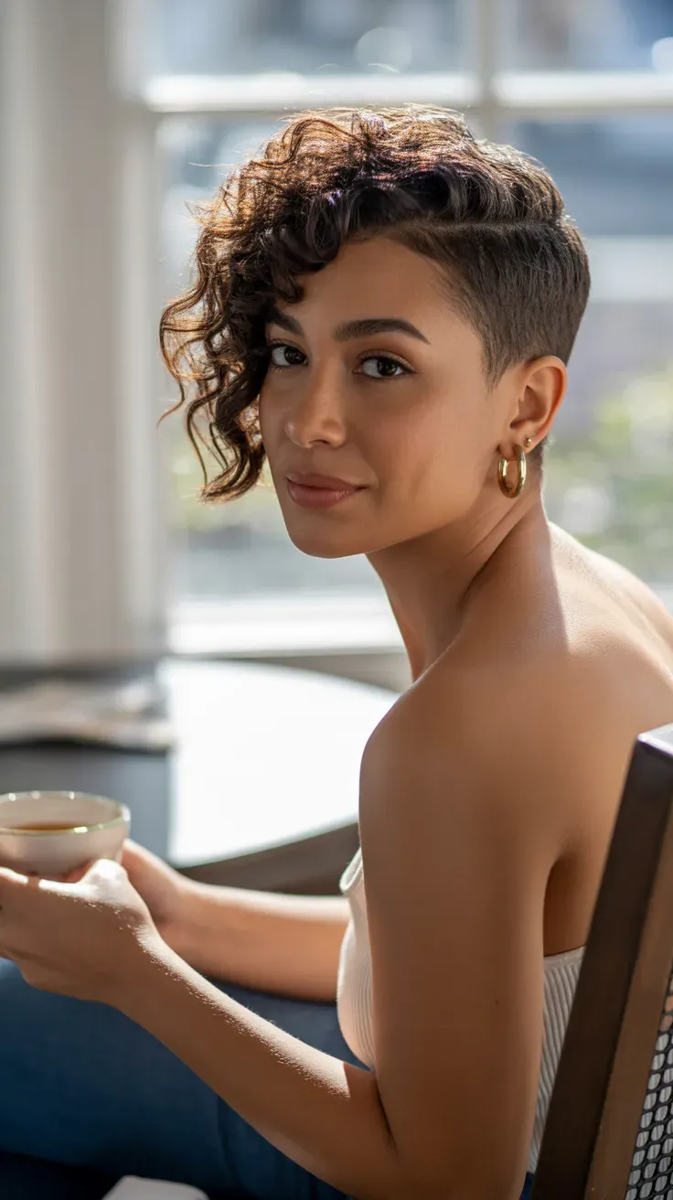 Woman with a short curly crop and swept side fringe