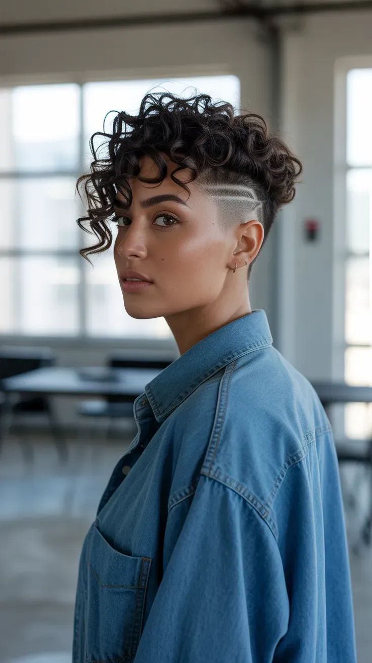 Woman with a curly crop featuring a subtle undercut beneath the top layers