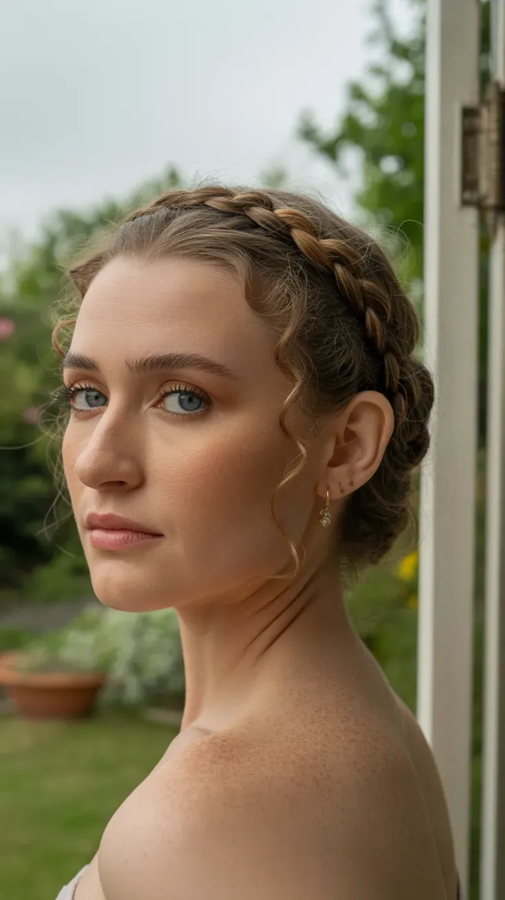 Woman with a thin braid wrapped around the crown among loose curls