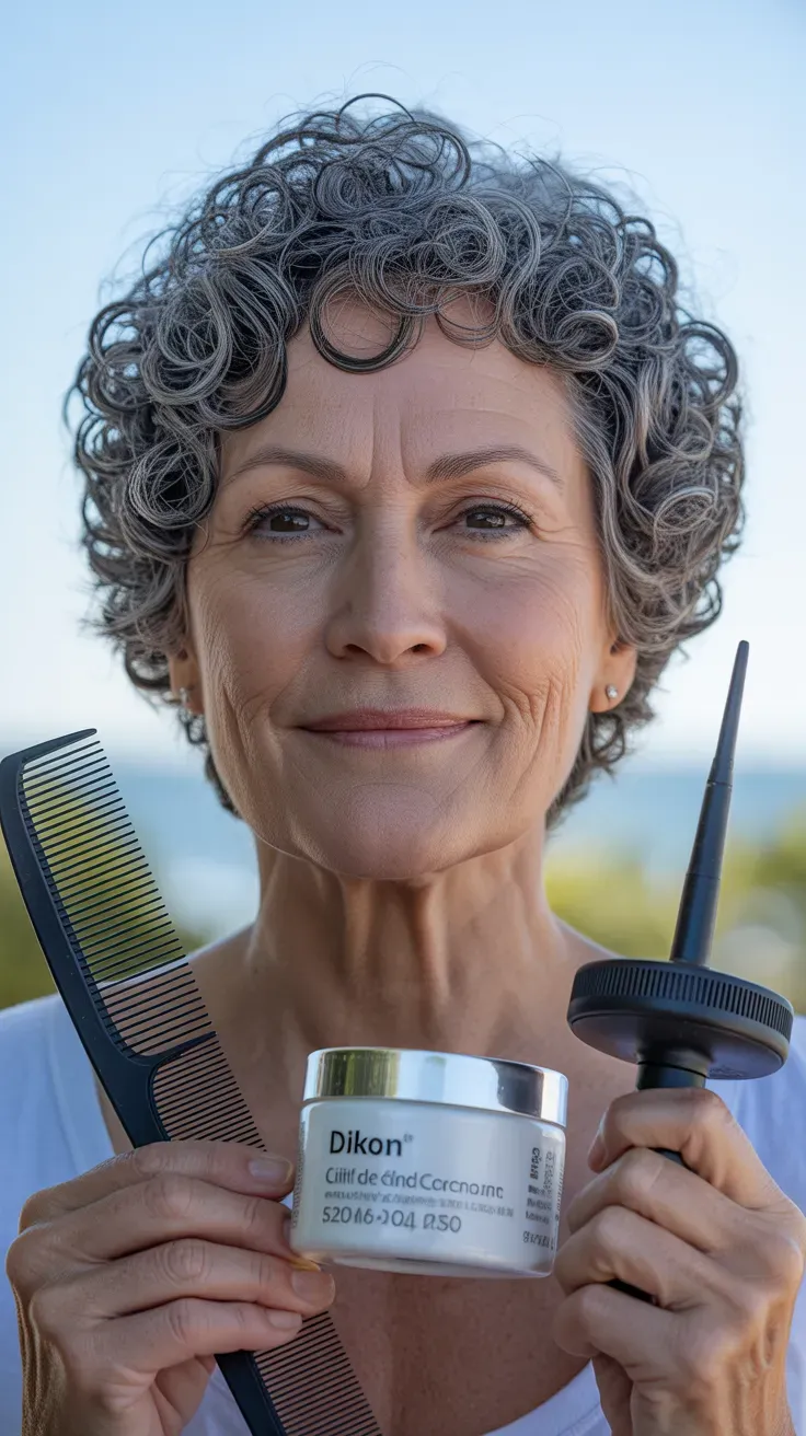 Woman over 50 with a gray crop styled to define naturally curly hair
