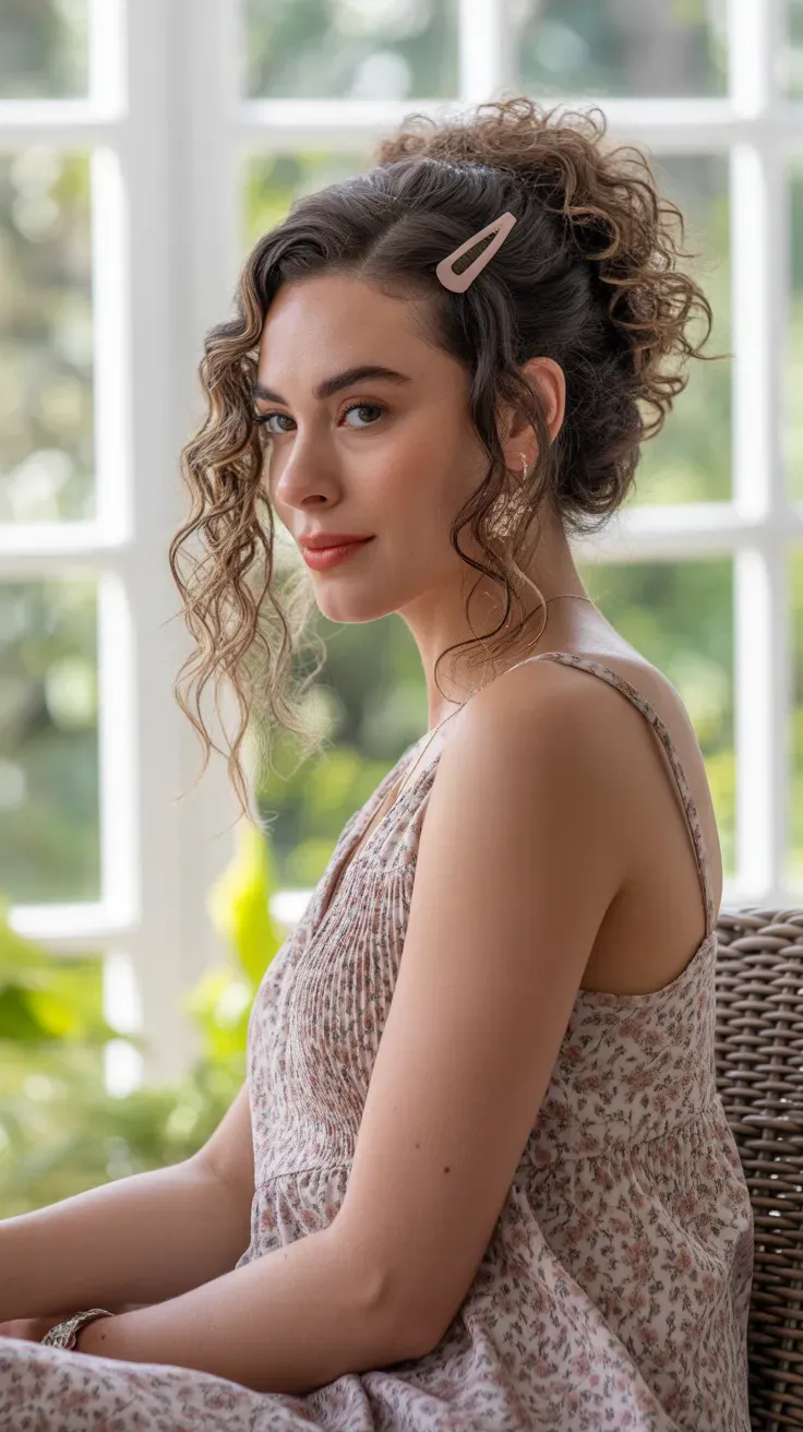 Woman with a half-up curly hairstyle secured with a small clip