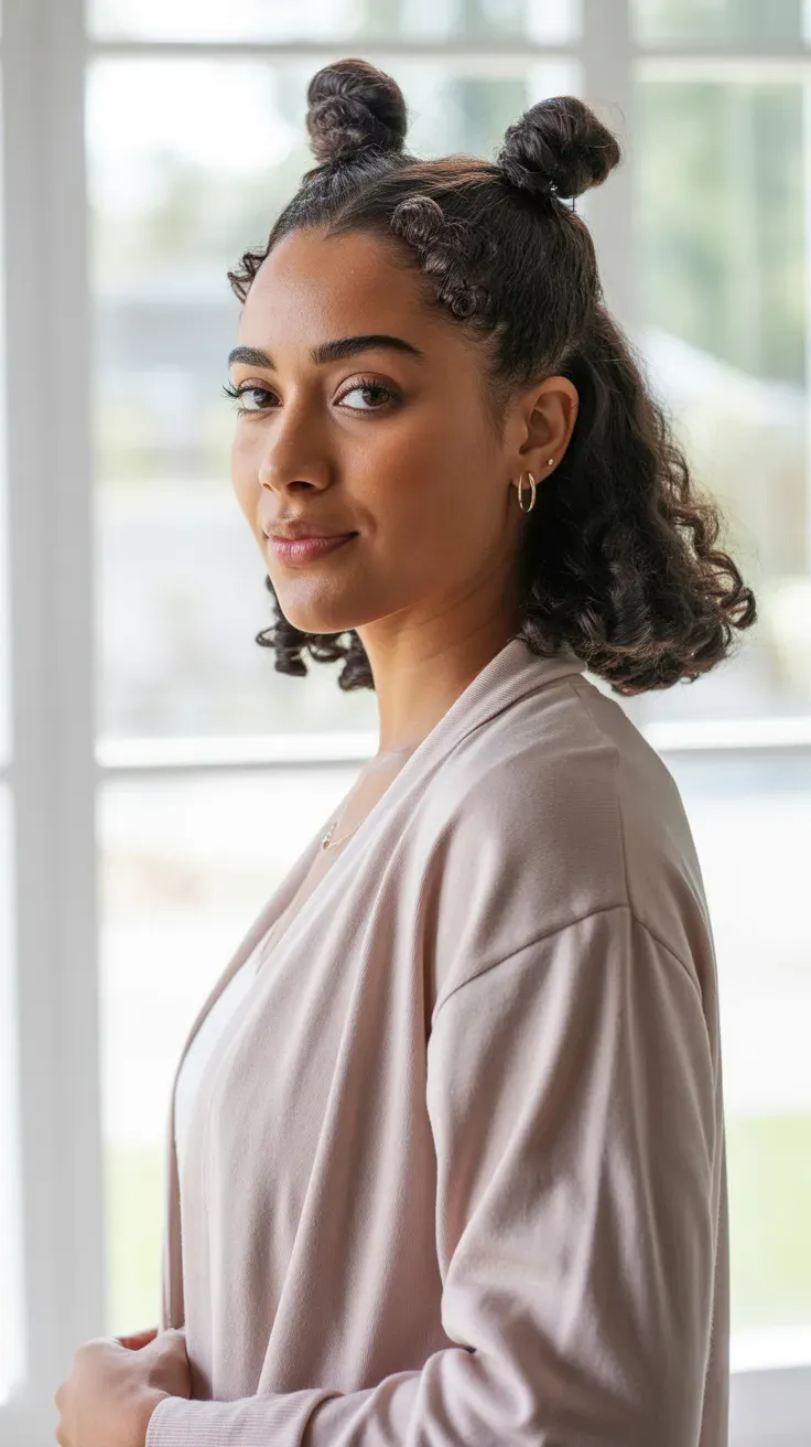 Woman with a half-up hairstyle featuring two small twists pinned back among loose curls