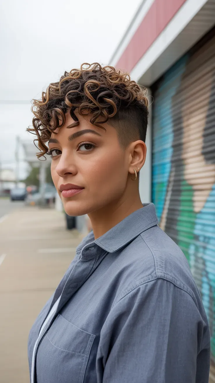 Woman with a short layered curly crop showing dense texture at the crown