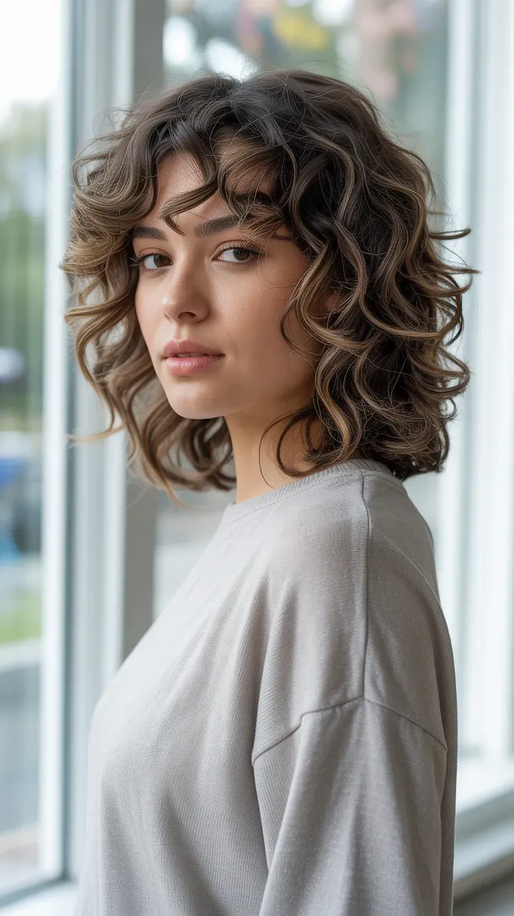 Woman with a curly layered long bob featuring soft face-framing pieces at the front