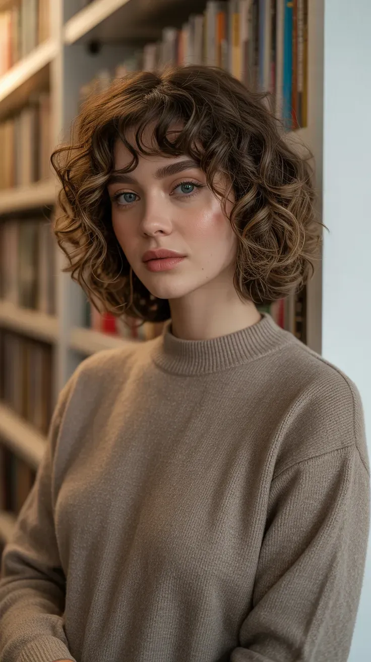 Woman with a curly long bob and soft curtain bangs parted at the center
