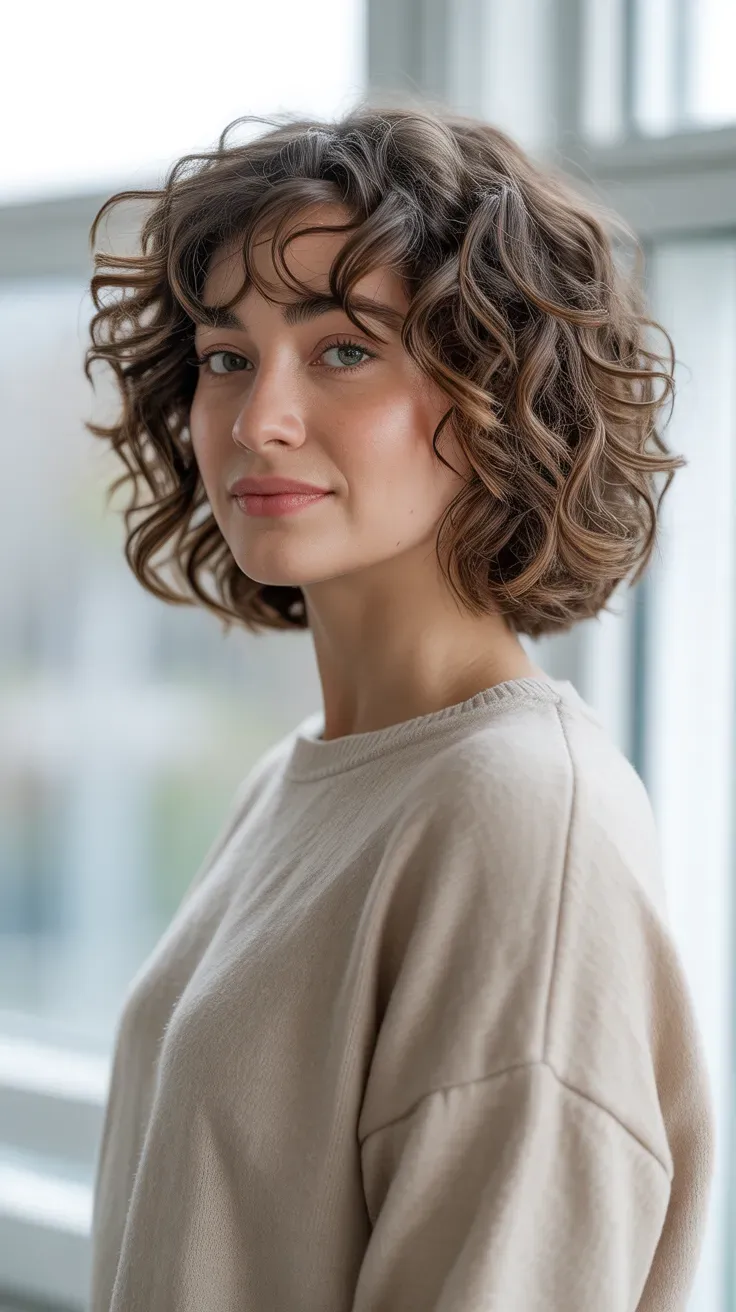 Woman with a curly long bob featuring soft face-framing layers