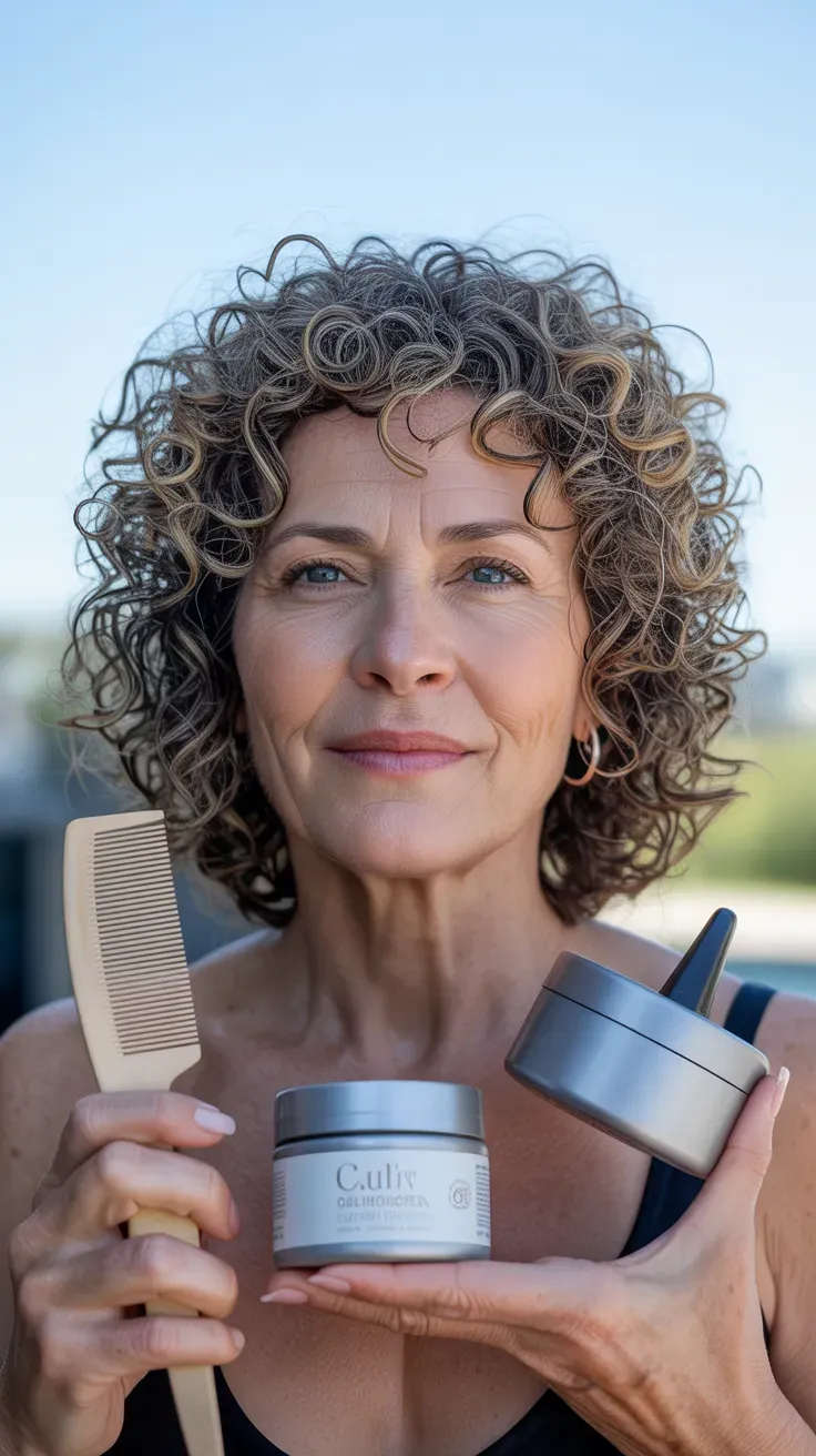 Woman over 50 with a medium-length cut styled to define naturally curly hair