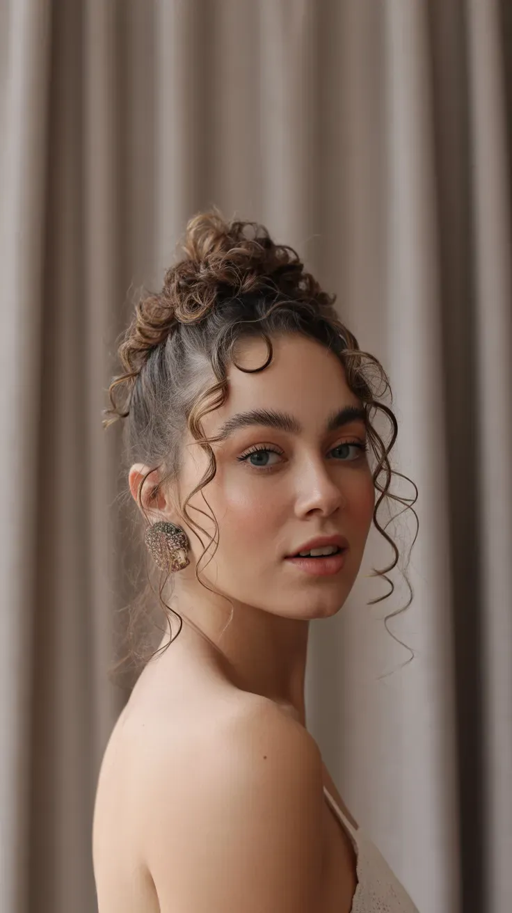 Woman with curls gathered loosely on top in a pineapple-style updo
