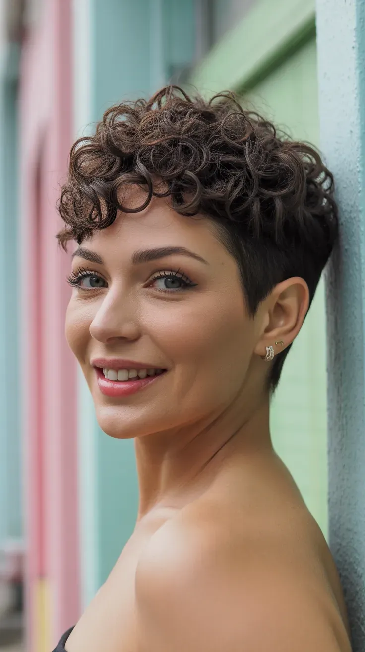 Woman with a short curly pixie cut showing dense springy curls
