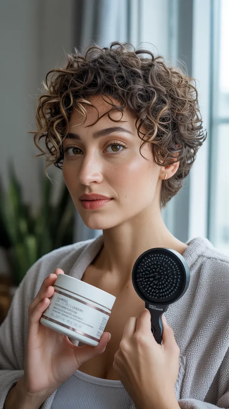 Woman with a curly pixie cut styled with defined natural curls