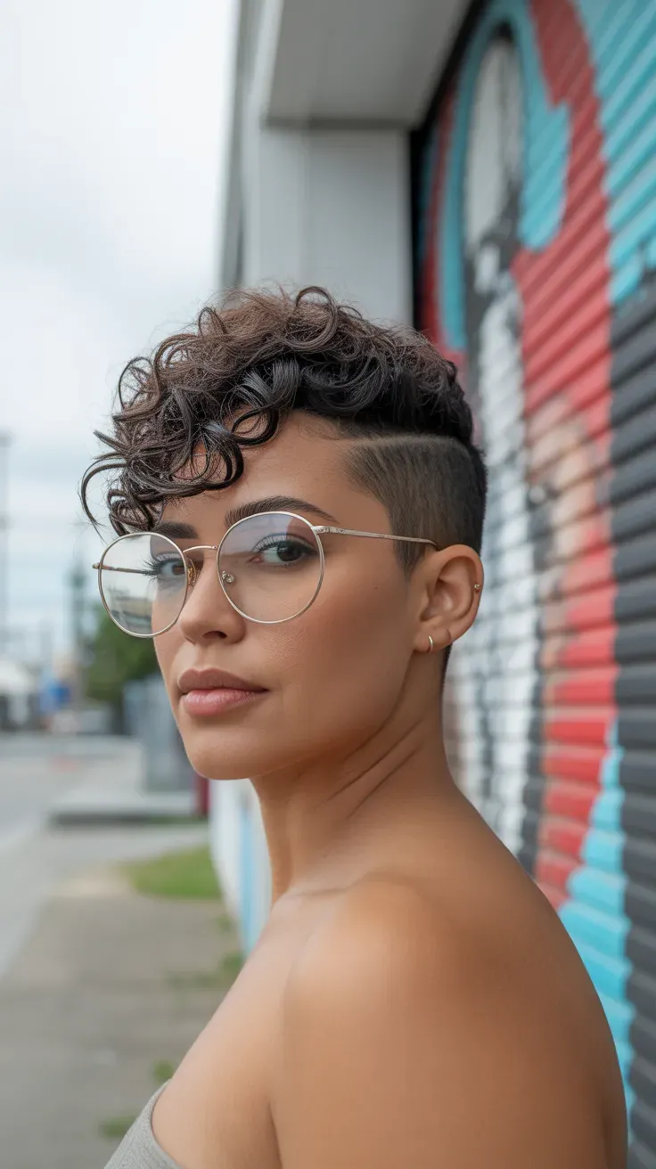 Woman with a curly pixie cut styled with a deep side part