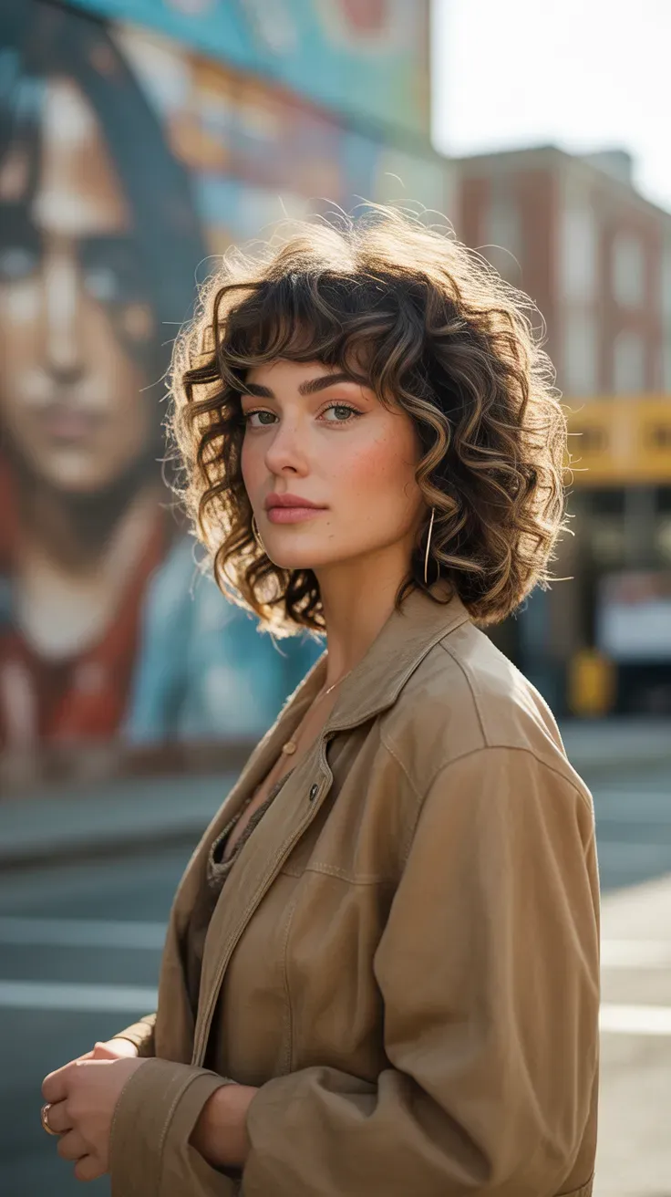 Woman with a curly shag haircut and soft curtain bangs framing the face