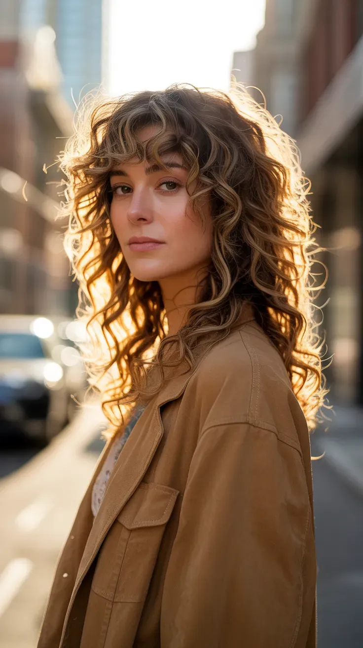 Woman with a long curly shag haircut featuring layers throughout the length