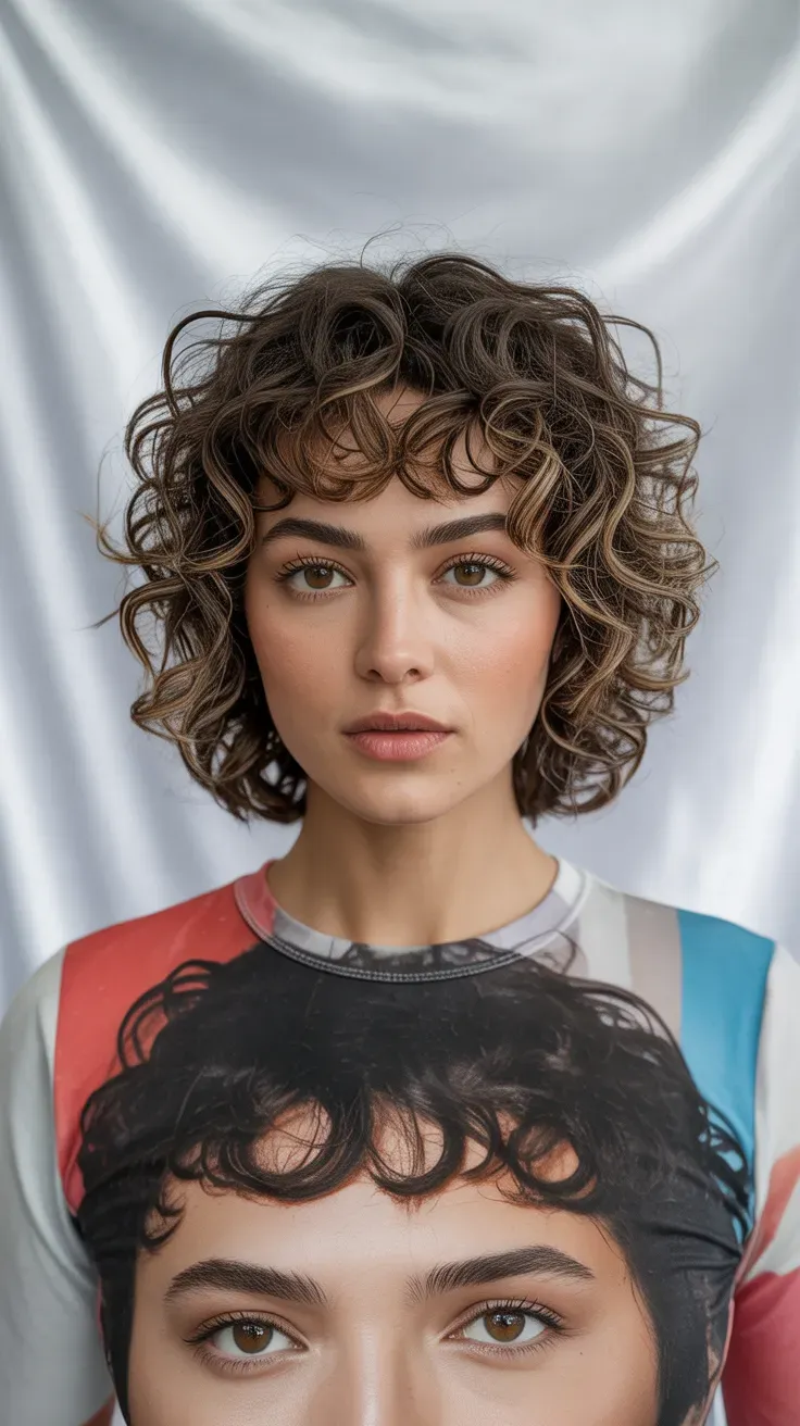 Woman with a curly shag haircut and short micro bangs above the eyebrows