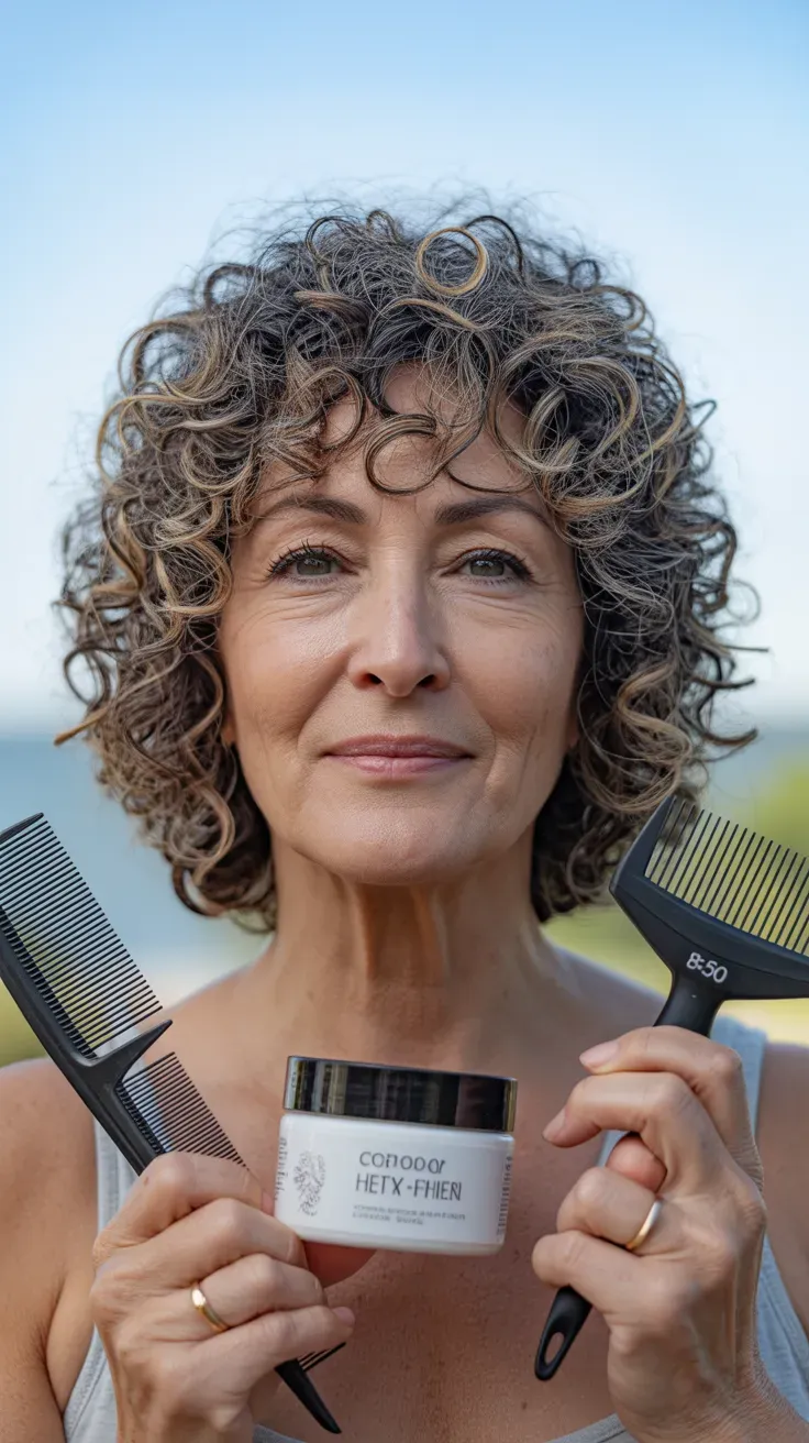 Woman over 50 with a shag haircut styled to define naturally curly hair