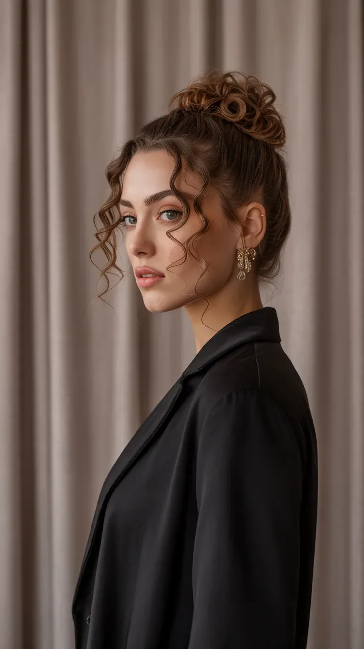 Woman with a soft curly top knot styled loosely at the crown