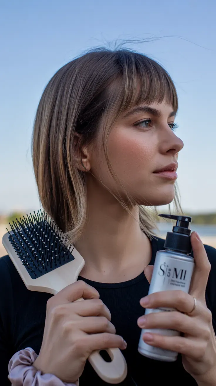 Woman with thin fine hair featuring curtain bangs blended seamlessly into longer layers