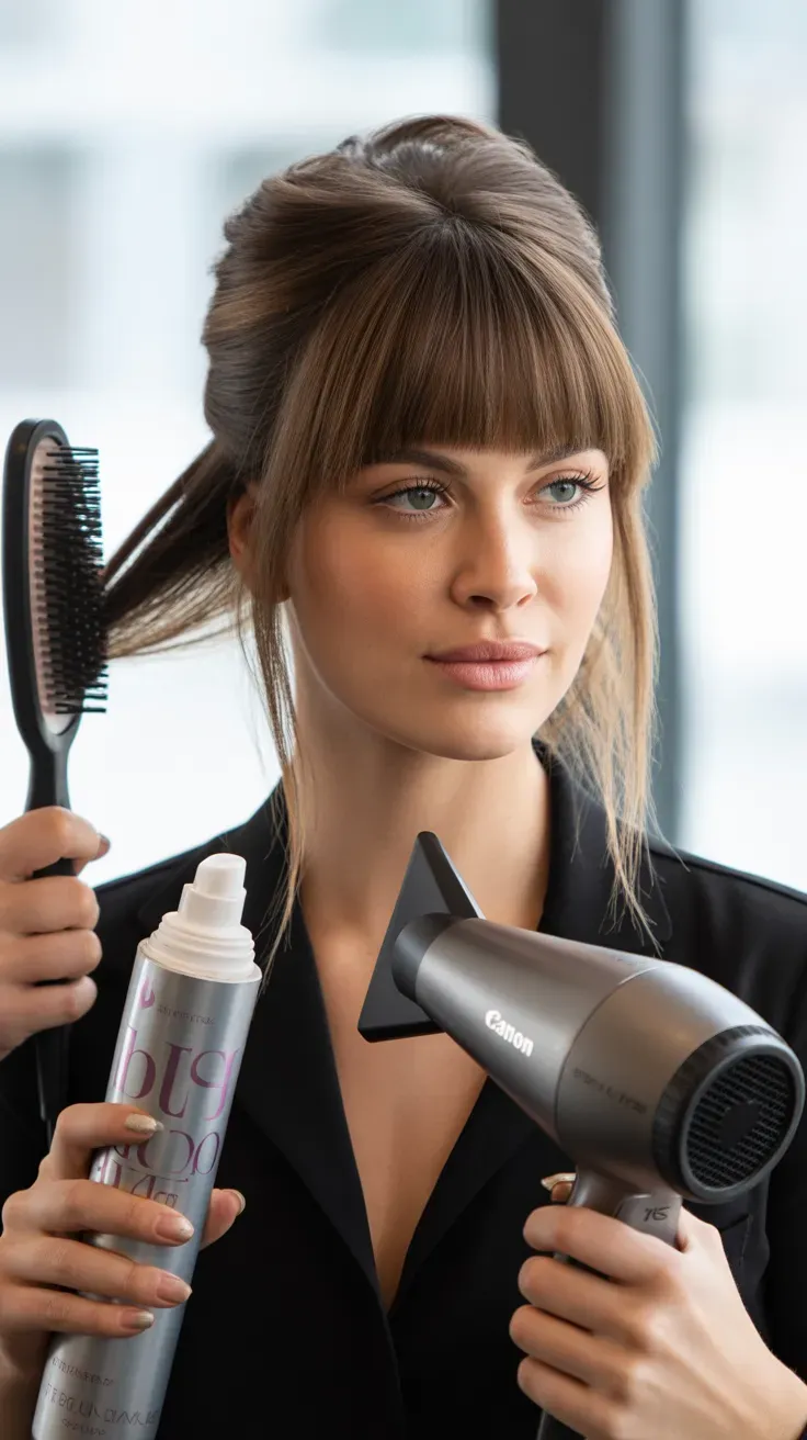Woman with thin fine hair styled with curtain bangs and a voluminous fresh blowout