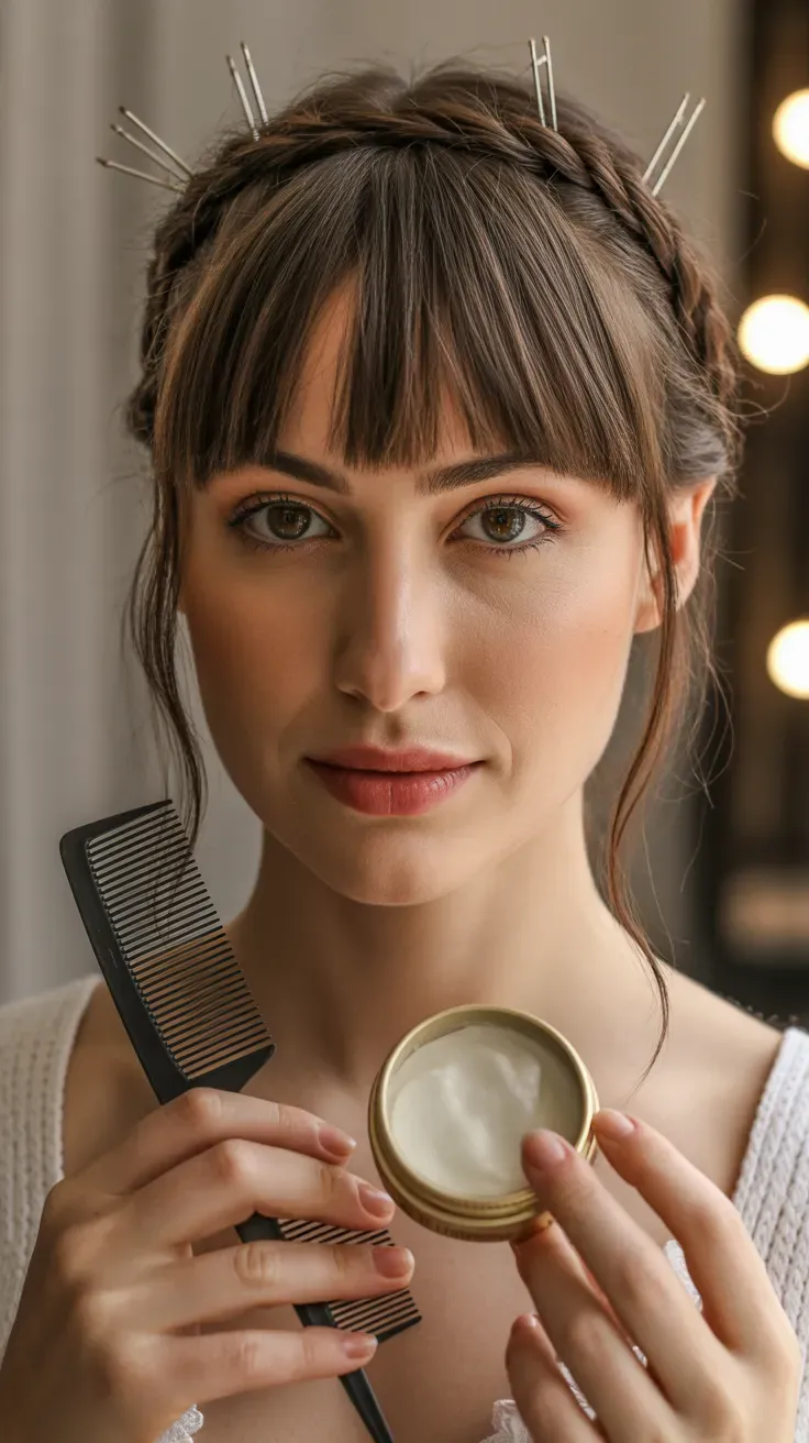 Woman with thin fine hair styled with curtain bangs and hair braided around the crown