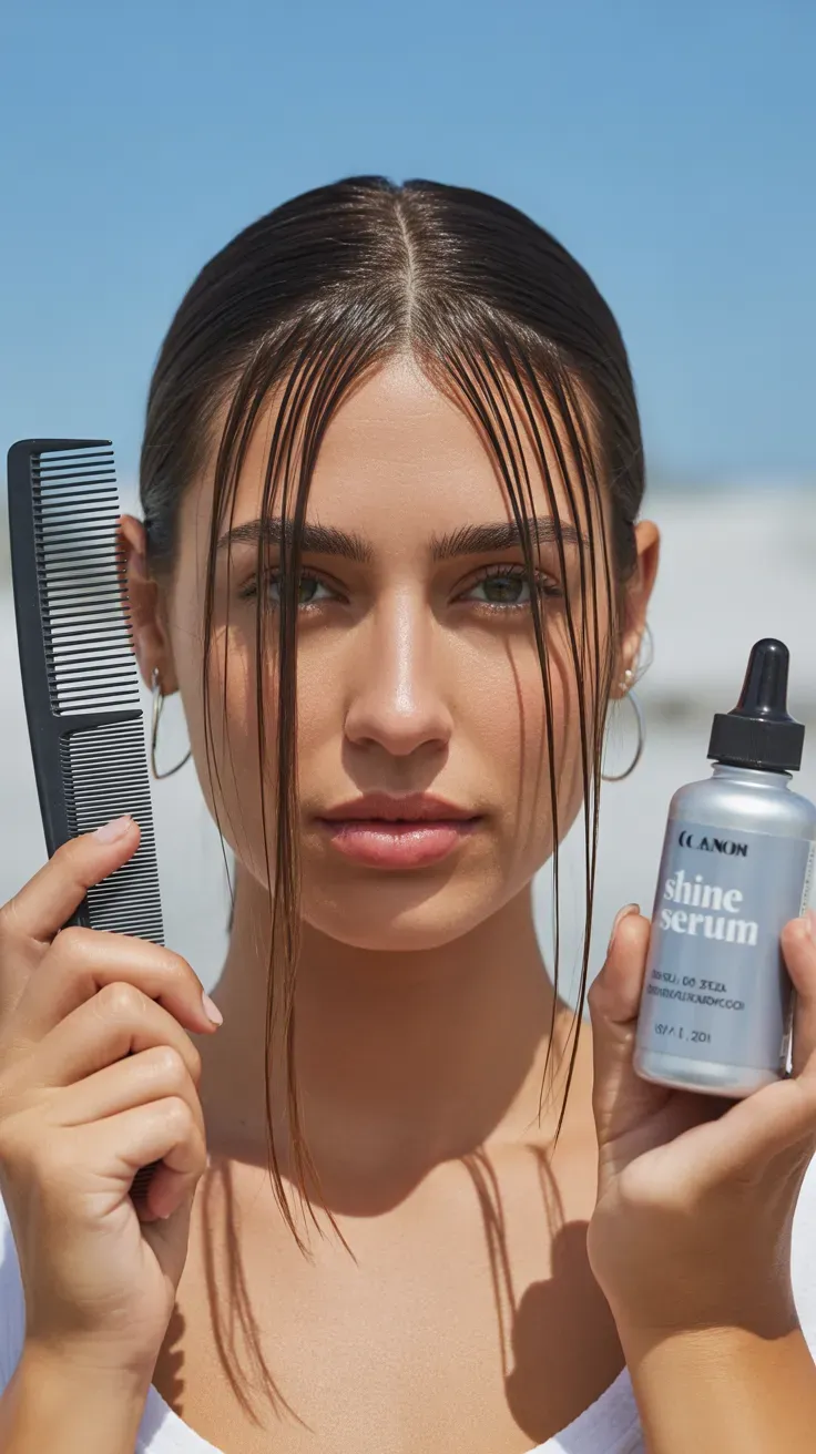 Woman with thin fine hair styled with curtain bangs parted precisely at the center