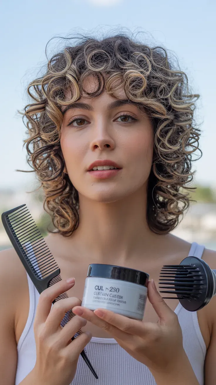 Woman with fine, naturally curly hair styled with curtain bangs