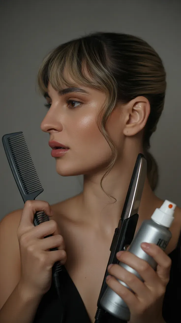 Woman with thin fine hair styled with curtain bangs and a deep, dramatic side part