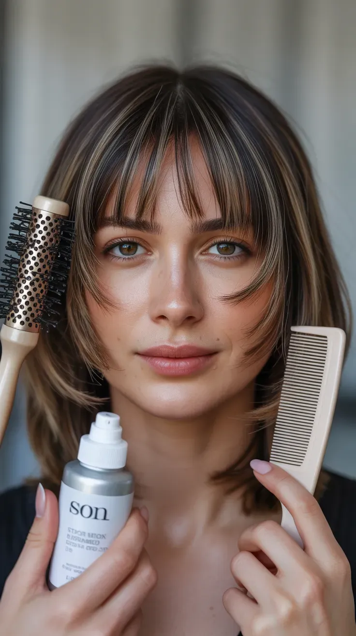 Woman with thin fine hair styled with curtain bangs and soft face-framing layers
