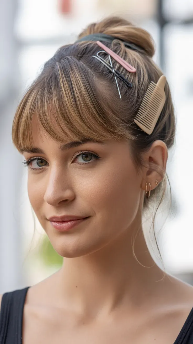 Woman with thin fine hair in a half-up style with curtain bangs left down at the sides