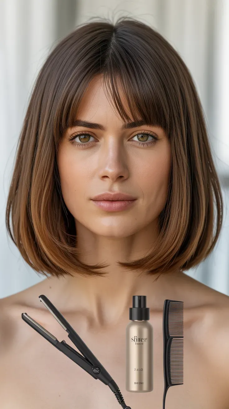 Woman with thin fine hair styled with curtain bangs paired with a long bob