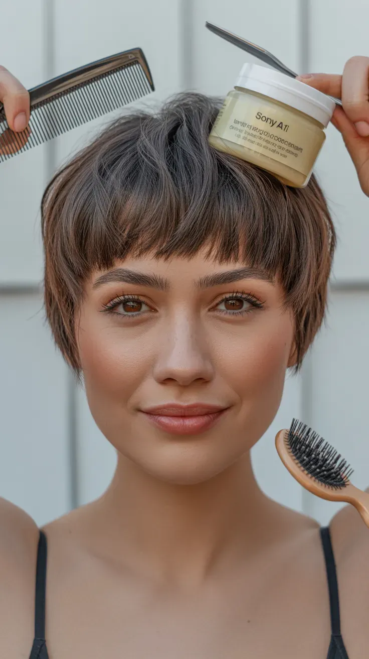 Woman with thin fine hair styled with a pixie cut and soft curtain bangs