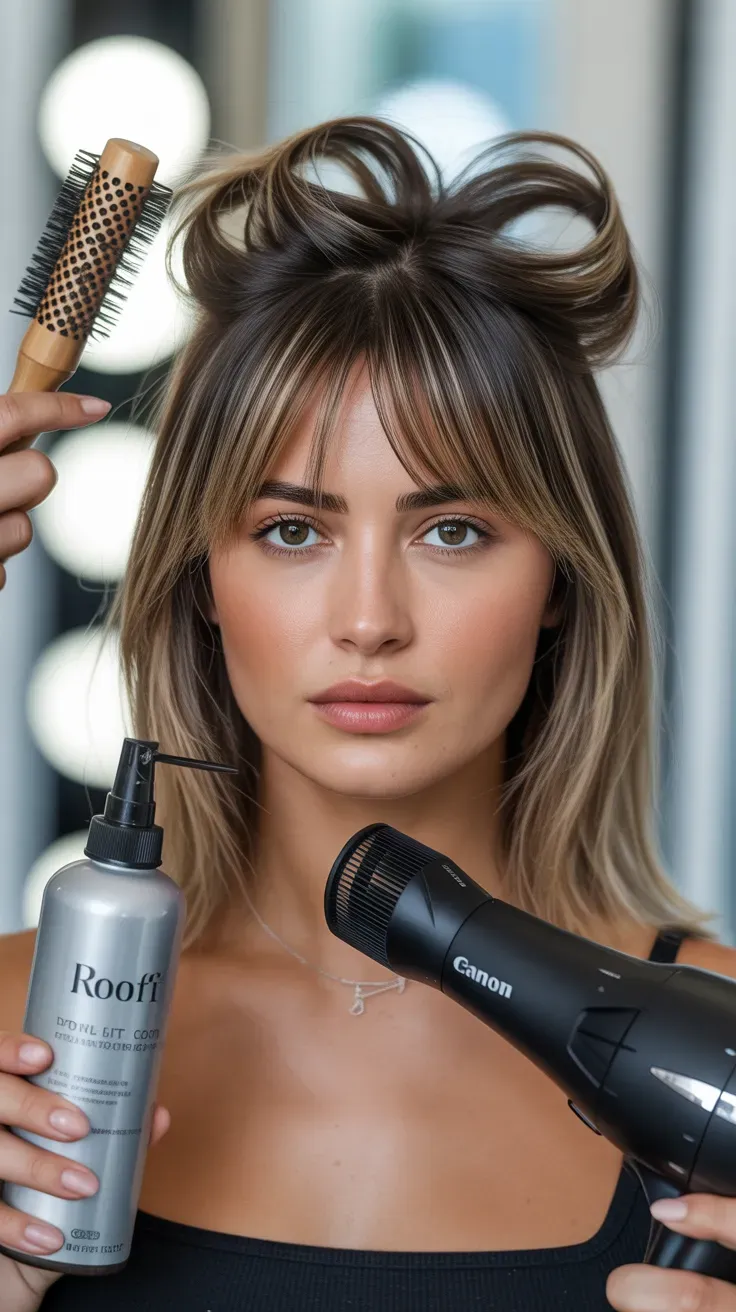 Woman with thin fine hair styled with curtain bangs and noticeable root lift