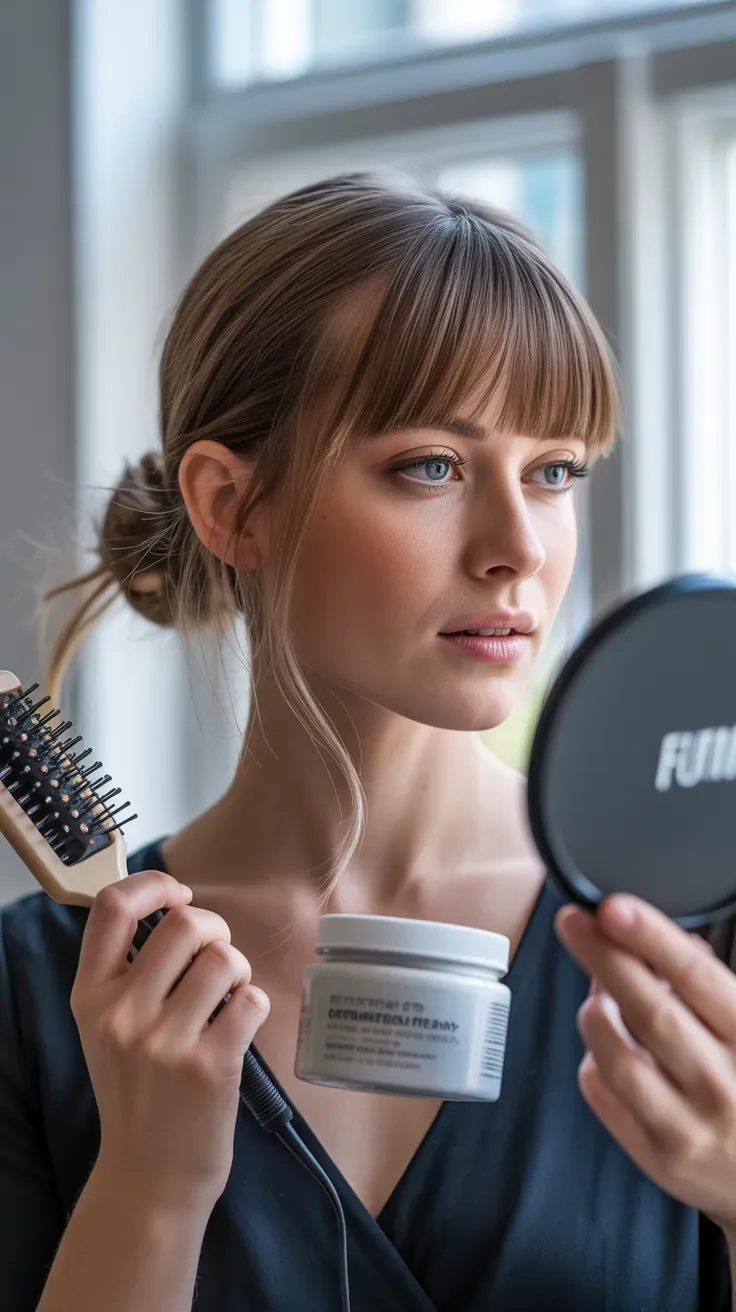 Woman with thin fine hair styled with curtain bangs and an off-center side part