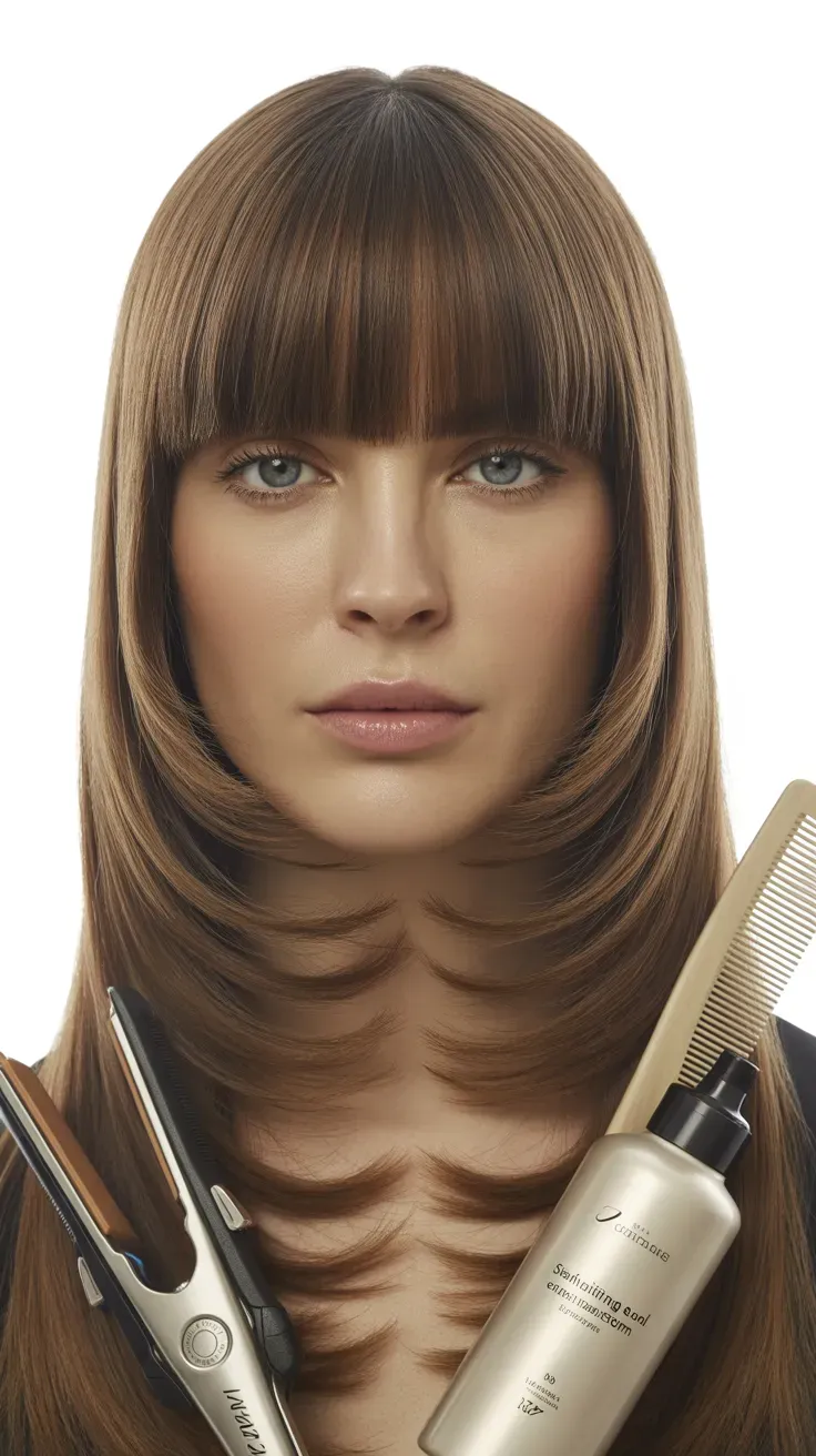 Woman with thin fine hair styled with curtain bangs straightened sleek and smooth