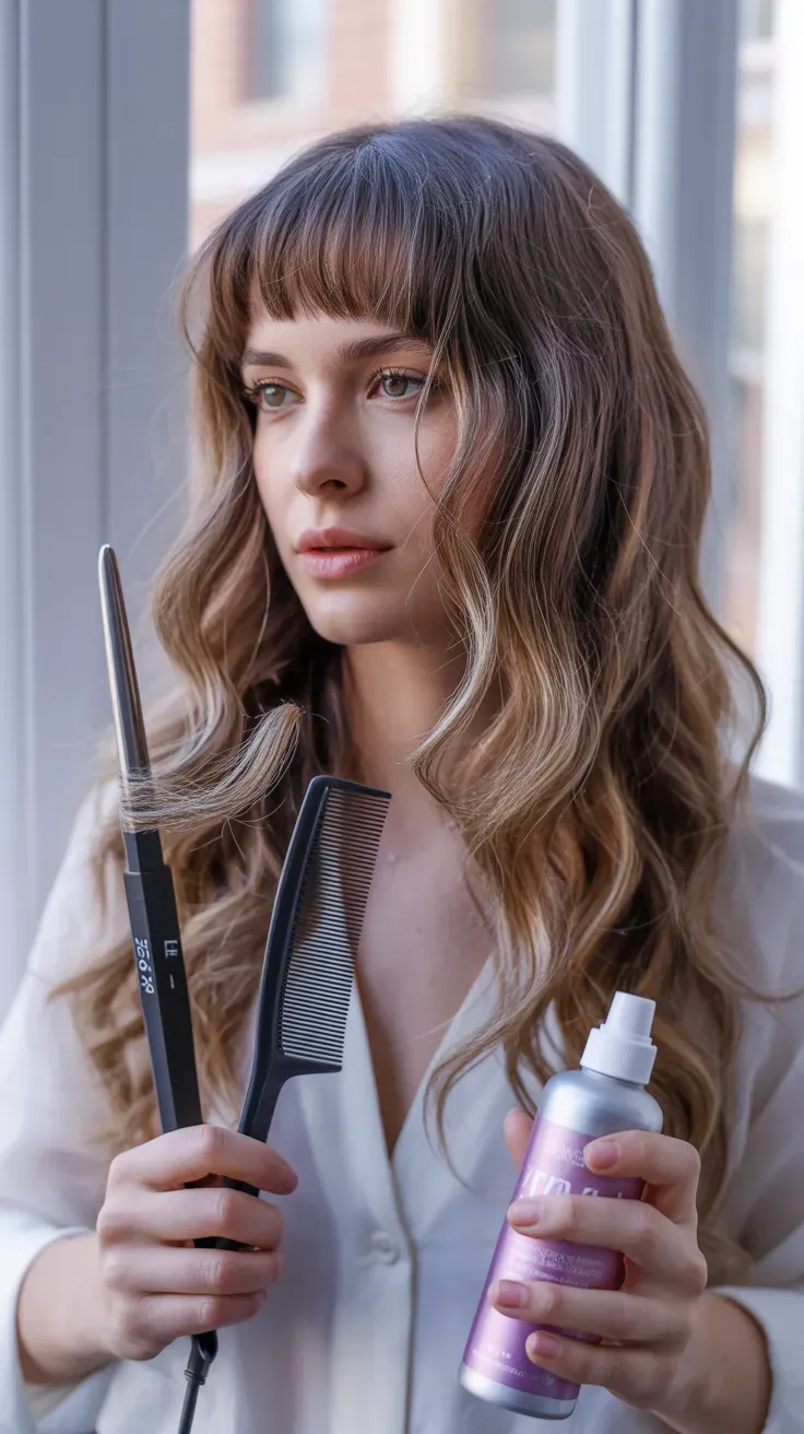 Woman with thin fine hair styled with curtain bangs and soft loose waves