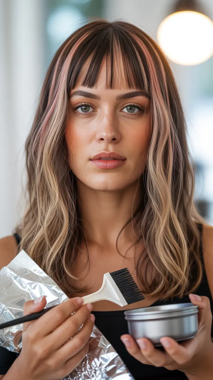 Woman with thin fine hair styled with curtain bangs featuring soft warm highlights