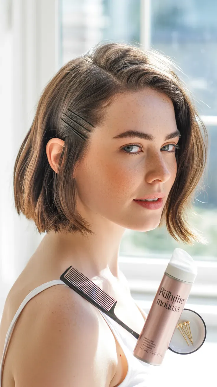 Woman with a textured bob styled with a deep side part for lift