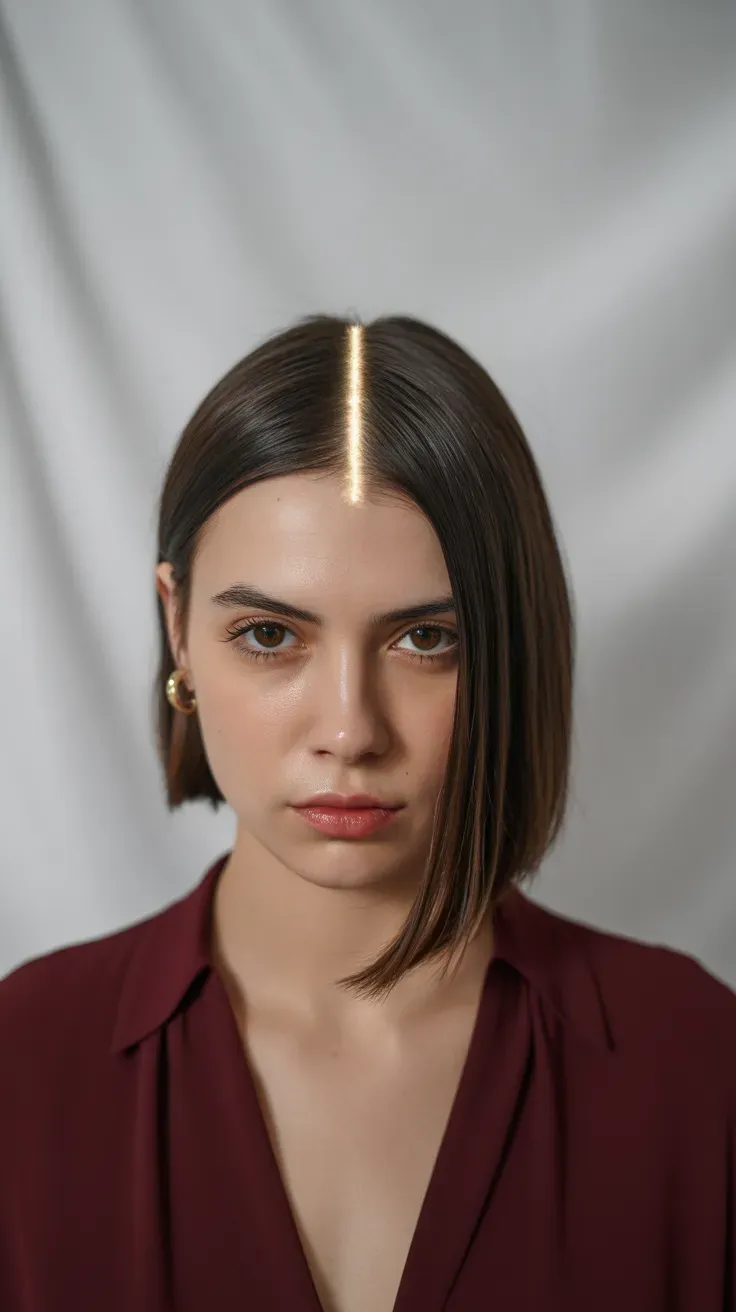 Woman with a side-parted bob showing lifted roots and a deep side part