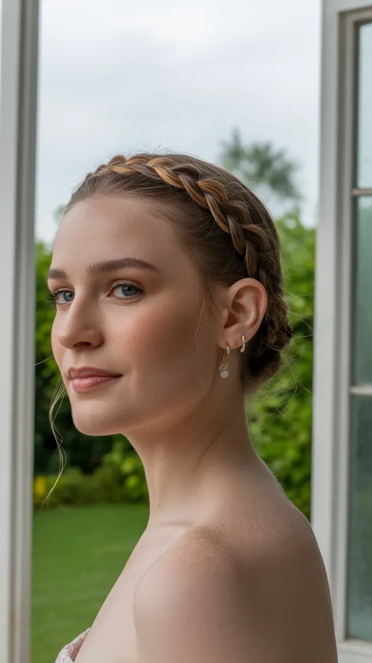 Woman with a delicate thin braid wrapped around the crown of her head
