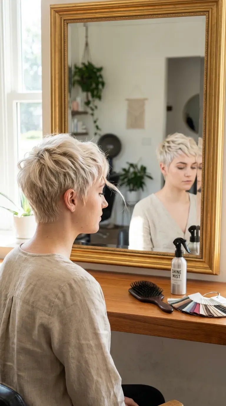 Bleached blonde edgy pixie haircut with textured styling