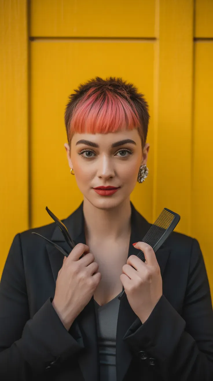 Pixie haircut with a bold contrasting fringe color