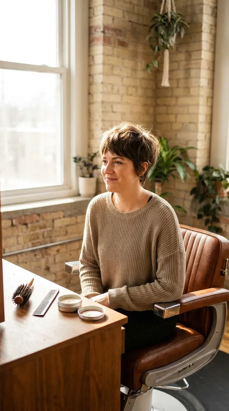 Woman with a classic choppy edgy pixie haircut and textured layers