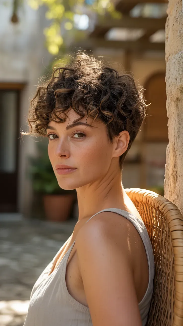 Pixie haircut with curly natural fringe on woman