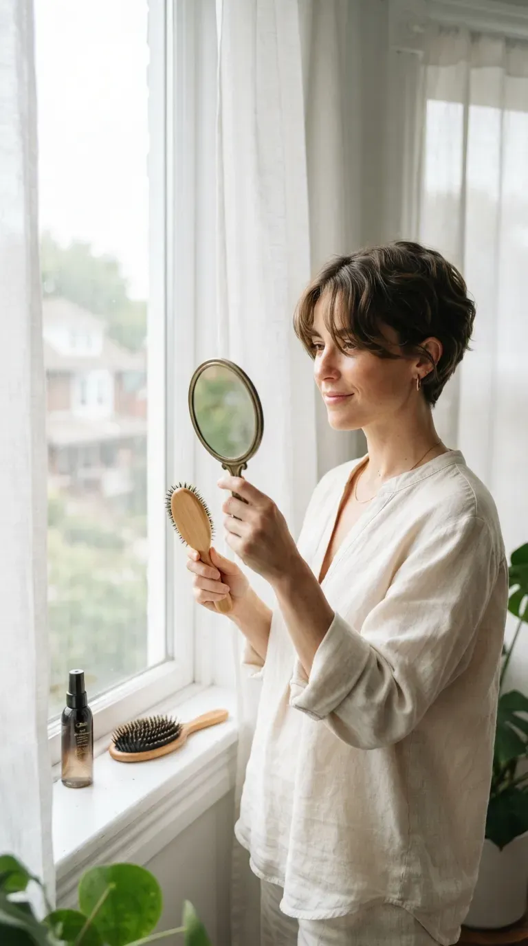 Pixie haircut with curtain fringe parted in the center