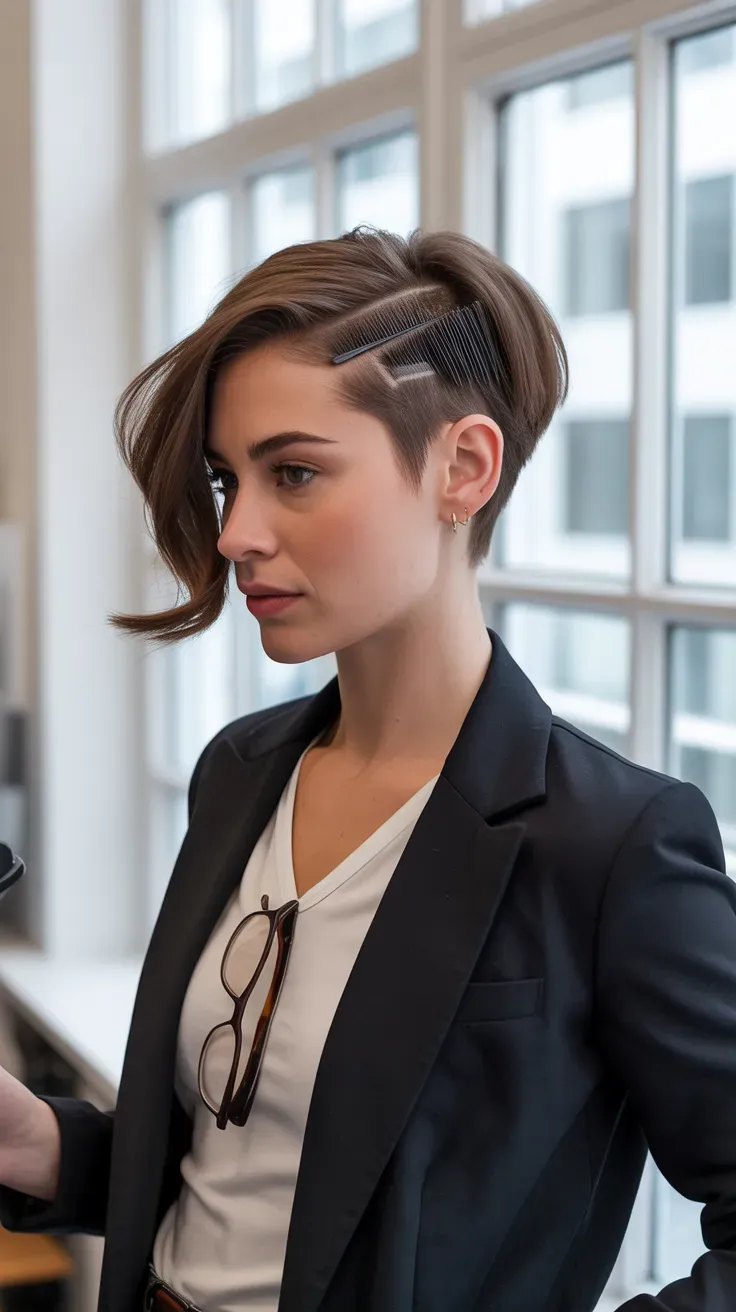 Pixie haircut with a deep side part on woman